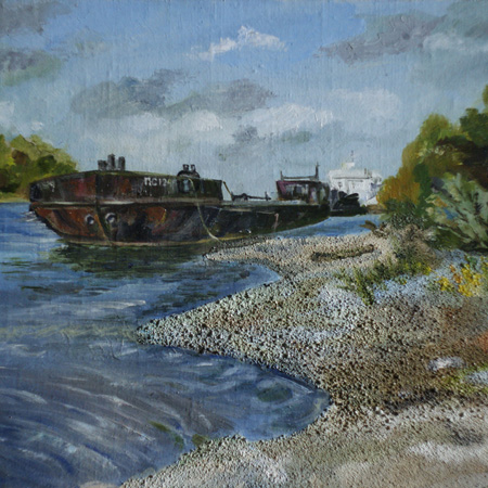 Old Barge, canvas on fiberboard, author's technique, 34  41 cm., 2012