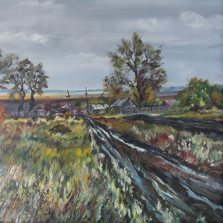 The Road to The Village, canvas, oil, acrylic, ink, pen, 40  50 cm., 2014